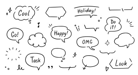 Poster - Balloon text frame decoration set. Simple hand drawn pen line speech bubble, cloud, balloon frame for text border. Doodle elegant dialog bubble, title headline. Vector illustration