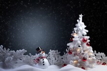 Snowman And Christmas Tree Decoration Background From Generative Ai
