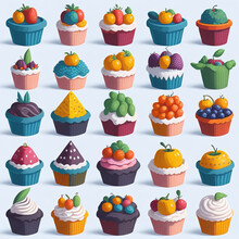 Collection Of Colored Cupcakes In Fruit Style, Top Down, Satellite View, Fantasy Style, Game Assets, 4k, Kawaii, White Background, Bright Colors, Simple, Cute, Aroma, Generative AI