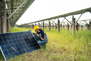 Wall Mural - Engineer hand is installing and checking an operation of sun and cleanliness of photovoltaic solar panels, Engineer with energy measurement tool photovoltaic modules for renewable energy