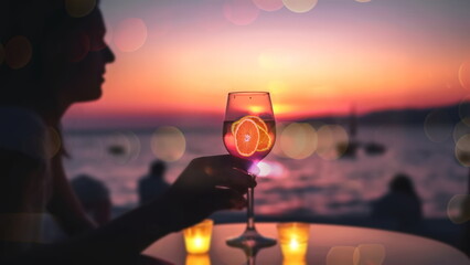 Wall Mural - cup of coffee and two glass of wine people silhouette drink orange wine on beach cafe at romantic pink sunset evening on sea sunlight blurred light,generated ai