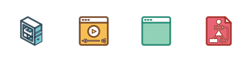 Set Computer, Online play video, Browser window and Flowchart icon. Vector