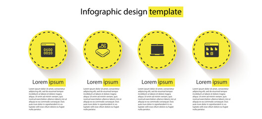 Set Binary code, Processor with microcircuits CPU, Laptop and Browser files. Business infographic template. Vector