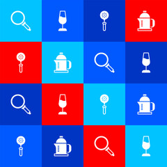 Sticker - Set Frying pan, Wine glass, Spatula and French press icon. Vector