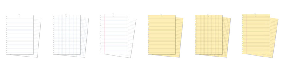 Wall Mural - Realistic lined notepapers. Notepaper with lines and grid. Grid page notebook with margin. Piece of paper of notepad for note, notice and text. Vector EPS 10