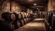 Vintage Barrels and Casks in Old Cellar: A Spanish Winery's Perfect Storage for Aging Delicious Wine. Generative AI