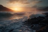 Fototapeta Zachód słońca - Revel in Nature's Splendor: Witness the Majestic Sunset Over an Expansive Sea, Greeted with a Stunning Wave Collapsing on the Beach. Generative AI