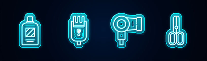 Sticker - Set line Bottle of shampoo, Electrical hair clipper or shaver, Hair dryer and Scissors hairdresser. Glowing neon icon. Vector