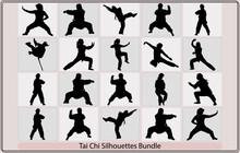 Silhouettes Of People Practicing Tai Chi,Martial Art Kung Fu Tai Chi Self Defense Exercise Fight Master People Man,Tai Chi Chuan Man Silhouette Vector