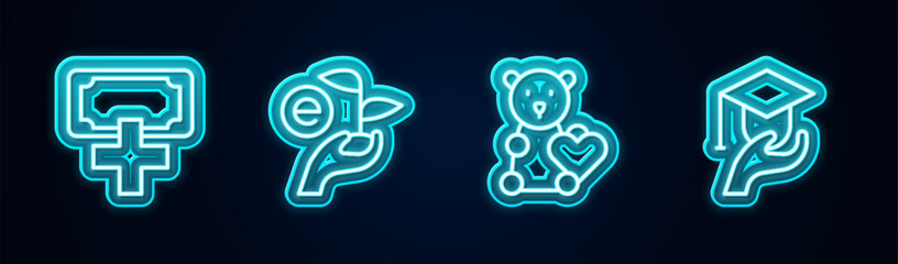 Set line Donation and charity, Leaf in hand, Donate child toys and Education grant. Glowing neon icon. Vector