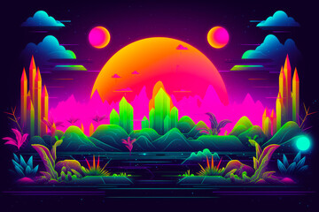 Poster - Image of futuristic landscape with mountains, trees, and sunset. Generative AI.