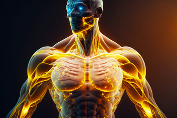 Poster - Human skeleton with glowing muscles and muscles highlighted in yellow and blue lights. Generative AI.