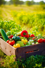 Sticker - Wooden crate filled with lots of different types of vegetables in field. Generative AI.