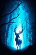 © valentyn640 - Image of deer standing in the middle of forest at night. Generative AI.