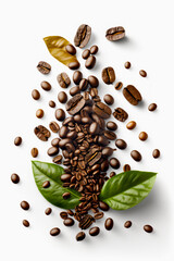 Poster - Pile of coffee beans and leaves on white surface with white background. Generative AI.