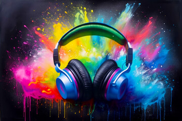 Poster - Pair of headphones with colorful paint splatters on the background. Generative AI.