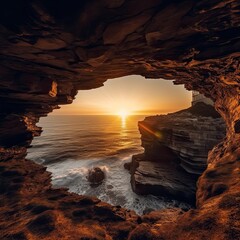 Wall Mural - Serene Orange Sunset Over a Coastline of Arch Cliffs and Ocean Waves. Generative AI