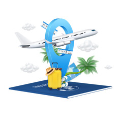 Wall Mural - Airplane is float away from location pin and cloud. Air ticket, hat, luggage yellow, coconut tree on passport. for making ad media about tourism design. 3D file PNG illustration.