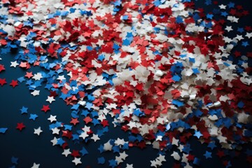 Wall Mural - 4th of july American Independence Day, red white and blue stars confetti, decorations on pastel blue background. Flat lay, top view