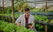 © SpaceOak - To assess the efficiency of modern greenhouse farming management, agricultural research expert inspect and collect data on crops, water, air, and insects. Performing regular laboratory procedures.