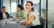 © C Coetzee/peopleimages.com - Business, happy woman and portrait in meeting with team, management and company. Young female worker smile at office table for planning, trust and motivation of vision, staff goals or startup support