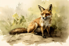 Fox Watercolor Aquarell Painting Nature Wildlife Spring Green Brown Orange Animal Generative AI, Generativ, KI