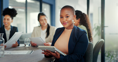Aufkleber - Business meeting, black woman and portrait with tablet for online planning, strategy and smile. Happy female worker working on digital technology for productivity, connection and happiness in startup