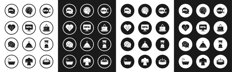 Sticker - Set Spa salon, Massage, Aroma candle, Sauna thermometer, Old hourglass and icon. Vector