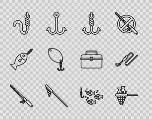 Sticker - Set line Fishing rod, net with fish, hook, and worm, spoon, under water and line float icon. Vector