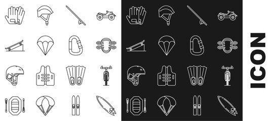 Sticker - Set line Surfboard, Bicycle, Knee pads, Parachute, Skateboard on street ramp, Gloves and Carabiner icon. Vector