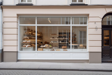 Wall Mural - Modern Pastry Shop Exterior with Contemporary Building Facade and Large Window Display Showcasing Delicious Treats, Captured from Street Perspective - Generative AI