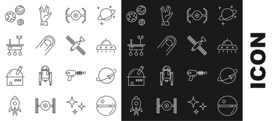 Wall Mural - Set line Death star, Planet, UFO flying spaceship, Cosmic, Satellite, Mars rover, and icon. Vector