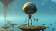 A Small Droid With A Head And Hands, Background Of A Series Of Floating Islands In The Sky. Generative AI