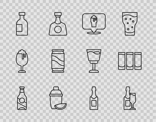 Poster - Set line Beer bottle, Champagne and glass, Alcohol or beer bar location, Cocktail shaker with lime, Glass of vodka, can, and Shot icon. Vector