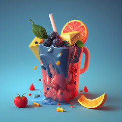 Wall Mural - Fruit juice in a glass with fruits and berries. 3d illustration