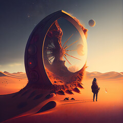 Wall Mural - Conceptual 3D illustration of a man standing in front of an abstract planet