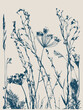 © PackagingMonster - Nature Pattern. Organic Texture. Flower Ornament. Fabric and Textile Print. Herbs Stamp Indigo Blue. Ink Drawing Overprint.