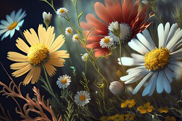 Canvas Print - close-up of meadow flowers and their intricate petals, created with generative ai