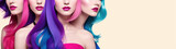 Fototapeta  - Web banner of beauty hair salon. Group of multiracial women with bright multicolored rainbow hair. Copy space. Generative Ai. Hair care and dyed