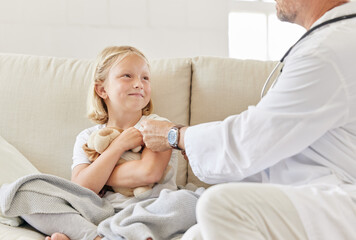 Poster - Brave little girl. Shot of a male doctor injecting a little girl at home.