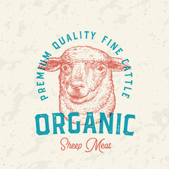Wall Mural - Risograph Style Lamb Meat Farm Retro Badge Logo Template. Hand Drawn Sheep Cattle Face Sketch with Retro Typography. Vintage Steaks Sketch Emblem Print Isolated
