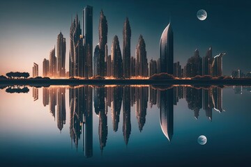 Poster - reflection of skyscrapers on the calm waters of a lake, created with generative ai