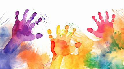 Kids hands colorful imprints on white background, watercolor, copyspace. Generative AI