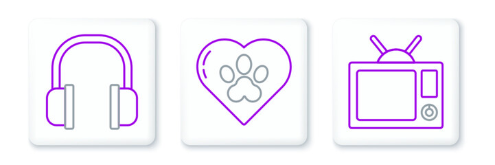 Poster - Set line Television, Headphones and Heart with animals footprint icon. Vector