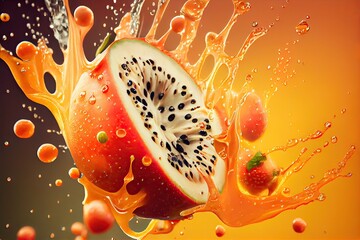 Poster - close-up of juicy summer fruit, with droplets of juice and seeds flying in the air, created with generative ai