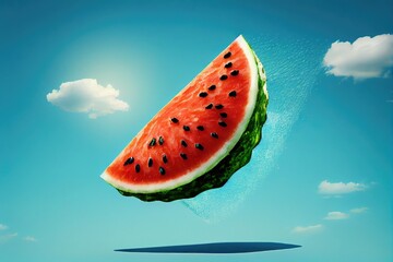 Poster - watermelon slice flying past blue sky background, created with generative ai