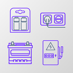 Sticker - Set line Electrical panel, Car battery, outlet and Battery in pack icon. Vector