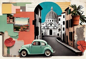 Retro Italian summer stylefashion Colorful creative vacation holidays travel concept. Paper collage, palm, minivan beetle, car, pop colors.