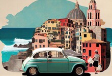 Retro Stylefashion Italian Summer Colorful Creative Vacation Holidays Travel Concept. Paper Collage, Palm, Minivan Beetle, Car, Pop Colors.