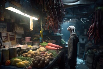 Wall Mural - alien, browsing the stalls of bazaar, seeking new and unique foods, created with generative ai